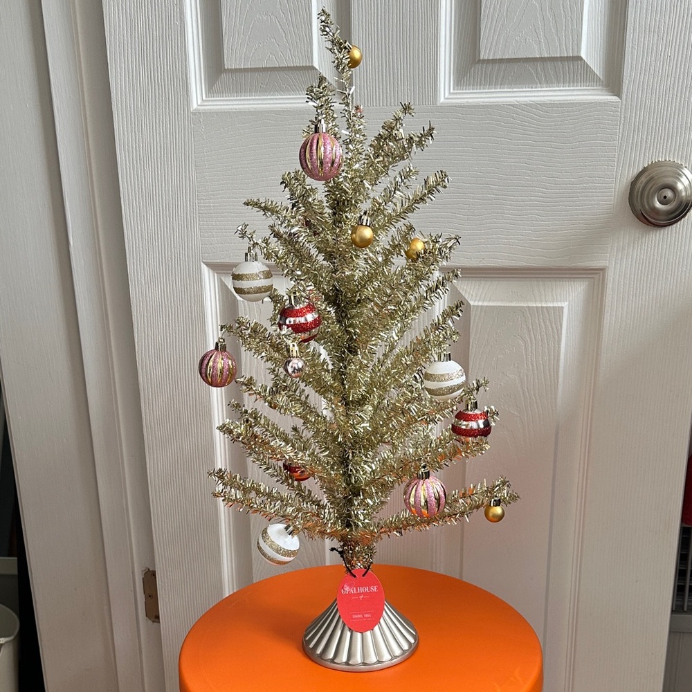 NWT Opalhouse Silver Tabletop Tinsel Tree with attached  Colorful Ornaments